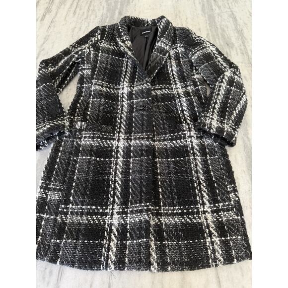 EXPRESS Plaid Tweed Boucle 1 Button Woven Coat Jacket Women Black White Small - Picture 3 of 10